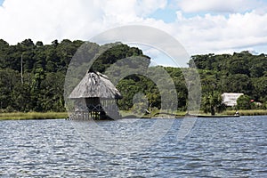 Canoe with tourists crosses the clean water lagoon El Milagro-loggon miracles-amazon jungle sky with clouds tingo maria peru-