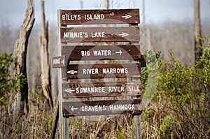 Canoe trail directional sign in Okefenokee Swamp, Georgia