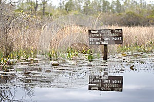 Canoe Trail Permit Required Sign in the Okefenokee National Wildlife Refuge, Georgia USA