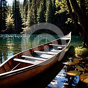 Canoe, wooden kayak rowboat traditional form of water transport on lake or river