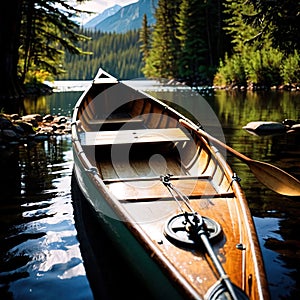 Canoe, wooden kayak rowboat traditional form of water transport on lake or river