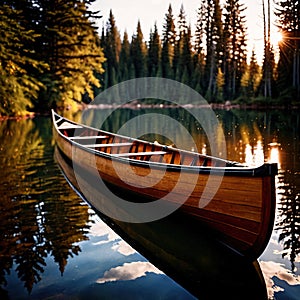 Canoe, wooden kayak rowboat traditional form of water transport on lake or river