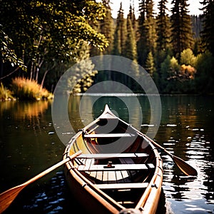 Canoe, wooden kayak rowboat traditional form of water transport on lake or river