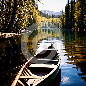 Canoe, wooden kayak rowboat traditional form of water transport on lake or river