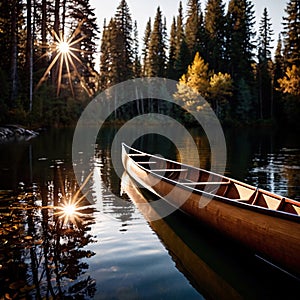 Canoe, wooden kayak rowboat traditional form of water transport on lake or river