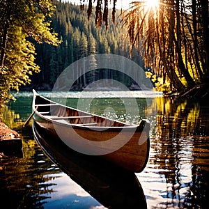 Canoe, wooden kayak rowboat traditional form of water transport on lake or river