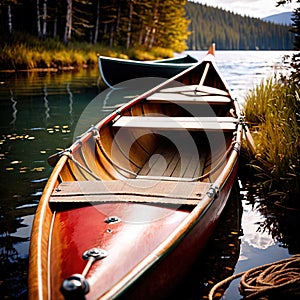 Canoe, wooden kayak rowboat traditional form of water transport on lake or river