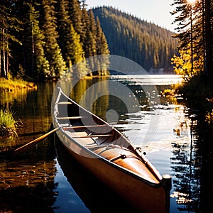 Canoe, wooden kayak rowboat traditional form of water transport on lake or river