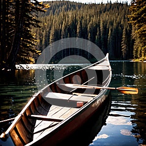 Canoe, wooden kayak rowboat traditional form of water transport on lake or river