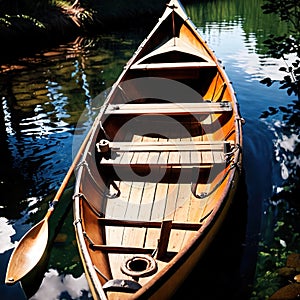 Canoe, wooden kayak rowboat traditional form of water transport on lake or river