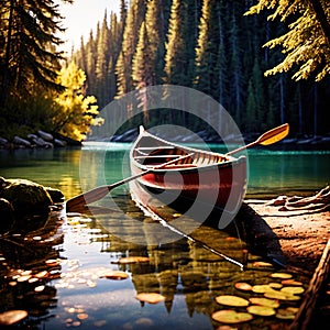 Canoe, wooden kayak rowboat traditional form of water transport on lake or river