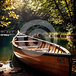 Canoe, wooden kayak rowboat traditional form of water transport on lake or river