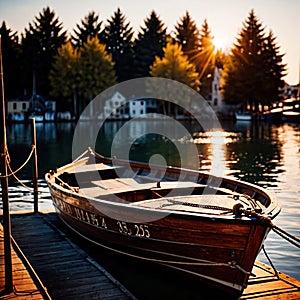 Canoe, wooden kayak rowboat traditional form of water transport on lake or river