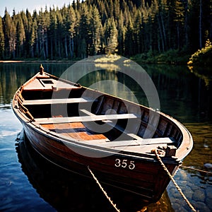 Canoe, wooden kayak rowboat traditional form of water transport on lake or river