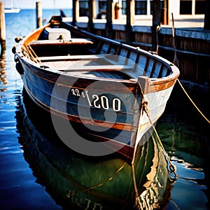 Canoe, wooden kayak rowboat traditional form of water transport on lake or river