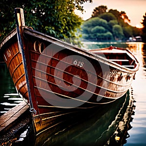 Canoe, wooden kayak rowboat traditional form of water transport on lake or river