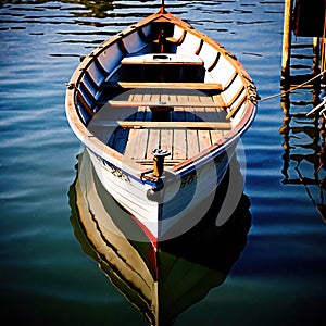 Canoe, wooden kayak rowboat traditional form of water transport on lake or river