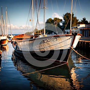 Canoe, wooden kayak rowboat traditional form of water transport on lake or river