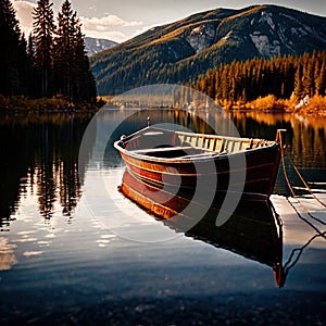 Canoe, wooden kayak rowboat traditional form of water transport on lake or river