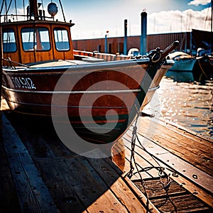 Canoe, wooden kayak rowboat traditional form of water transport on lake or river