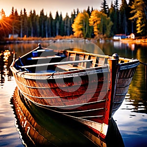 Canoe, wooden kayak rowboat traditional form of water transport on lake or river