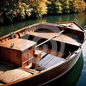 Canoe, wooden kayak rowboat traditional form of water transport on lake or river