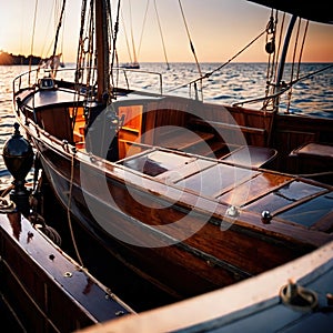 Canoe, wooden kayak rowboat traditional form of water transport on lake or river