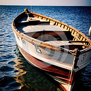 Canoe, wooden kayak rowboat traditional form of water transport on lake or river