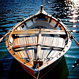 Canoe, wooden kayak rowboat traditional form of water transport on lake or river