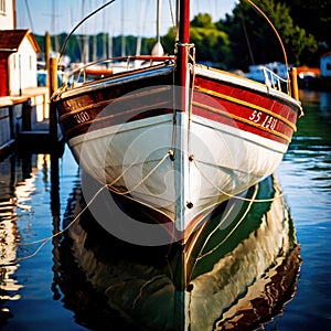 Canoe, wooden kayak rowboat traditional form of water transport on lake or river