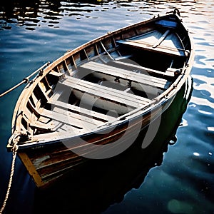 Canoe, wooden kayak rowboat traditional form of water transport on lake or river