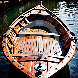 Canoe, wooden kayak rowboat traditional form of water transport on lake or river