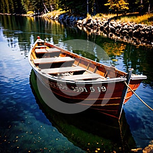 Canoe, wooden kayak rowboat traditional form of water transport on lake or river