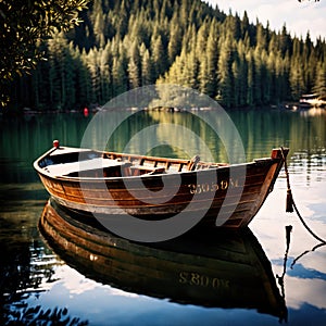 Canoe, wooden kayak rowboat traditional form of water transport on lake or river