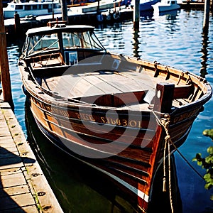 Canoe, wooden kayak rowboat traditional form of water transport on lake or river