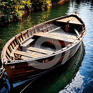 Canoe, wooden kayak rowboat traditional form of water transport on lake or river