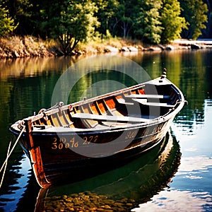 Canoe, wooden kayak rowboat traditional form of water transport on lake or river