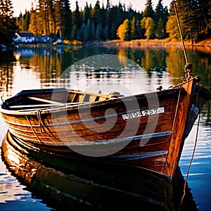 Canoe, wooden kayak rowboat traditional form of water transport on lake or river