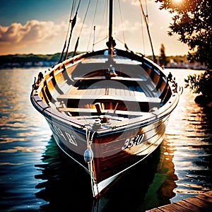 Canoe, wooden kayak rowboat traditional form of water transport on lake or river