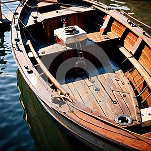 Canoe, wooden kayak rowboat traditional form of water transport on lake or river