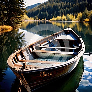 Canoe, wooden kayak rowboat traditional form of water transport on lake or river