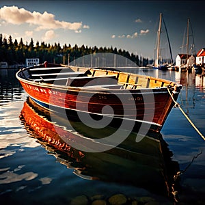 Canoe, wooden kayak rowboat traditional form of water transport on lake or river