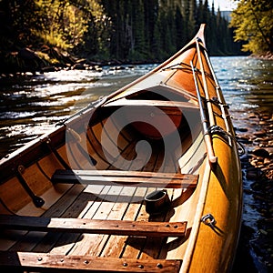 Canoe, wooden kayak rowboat traditional form of water transport on lake or river