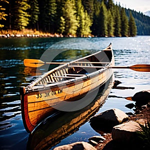 Canoe, wooden kayak rowboat traditional form of water transport on lake or river