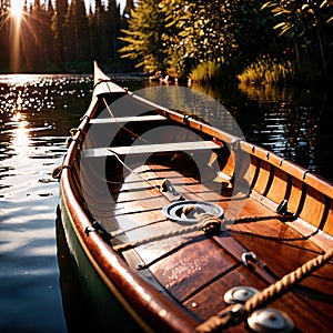 Canoe, wooden kayak rowboat traditional form of water transport on lake or river