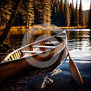 Canoe, wooden kayak rowboat traditional form of water transport on lake or river