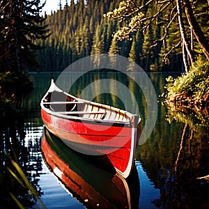 Canoe, wooden kayak rowboat traditional form of water transport on lake or river