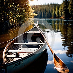 Canoe, wooden kayak rowboat traditional form of water transport on lake or river