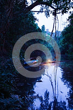 Canoeing in a dark rainforest