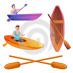 Canoeing icons set, cartoon style